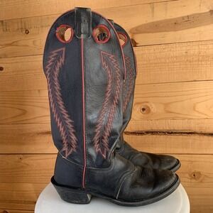 Texas Brand‎ Cowboy Boots Men's 9D Black Red Western VTG Leather 90's USA *Wear*